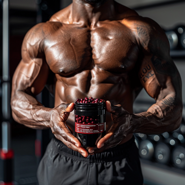 a bodybuilder holding a jar of protein powder